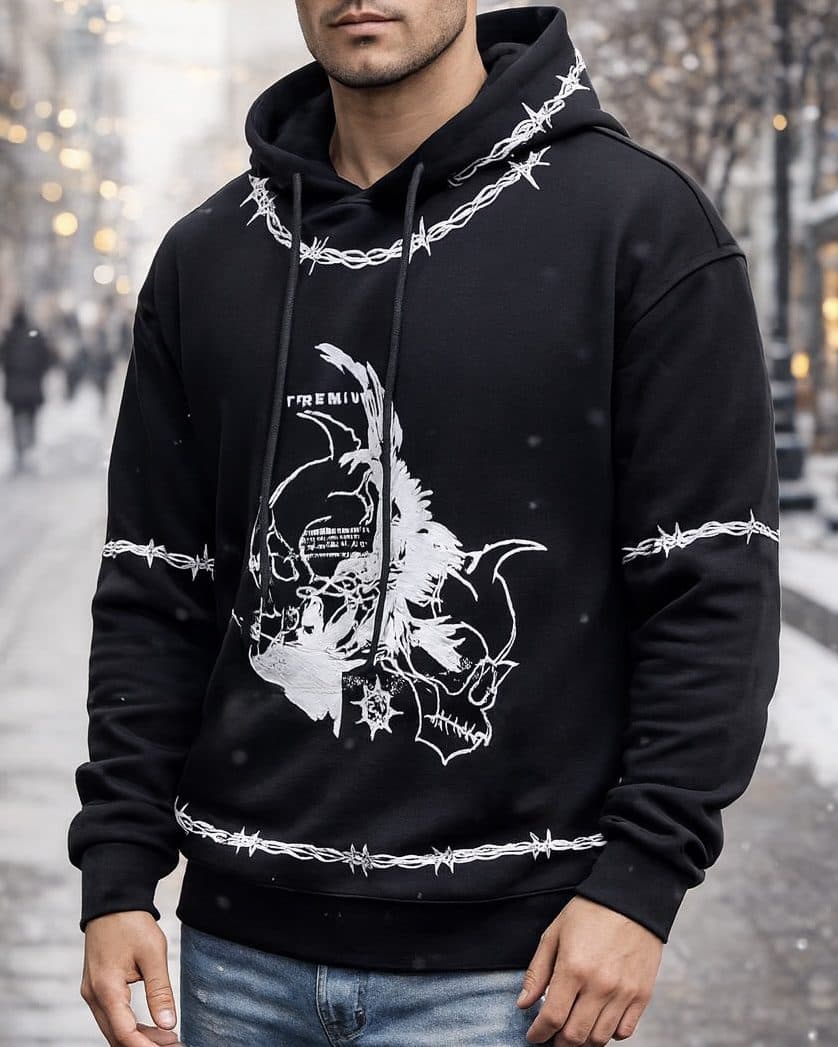 GRAPHIC BARBED HOODIE - BLACK