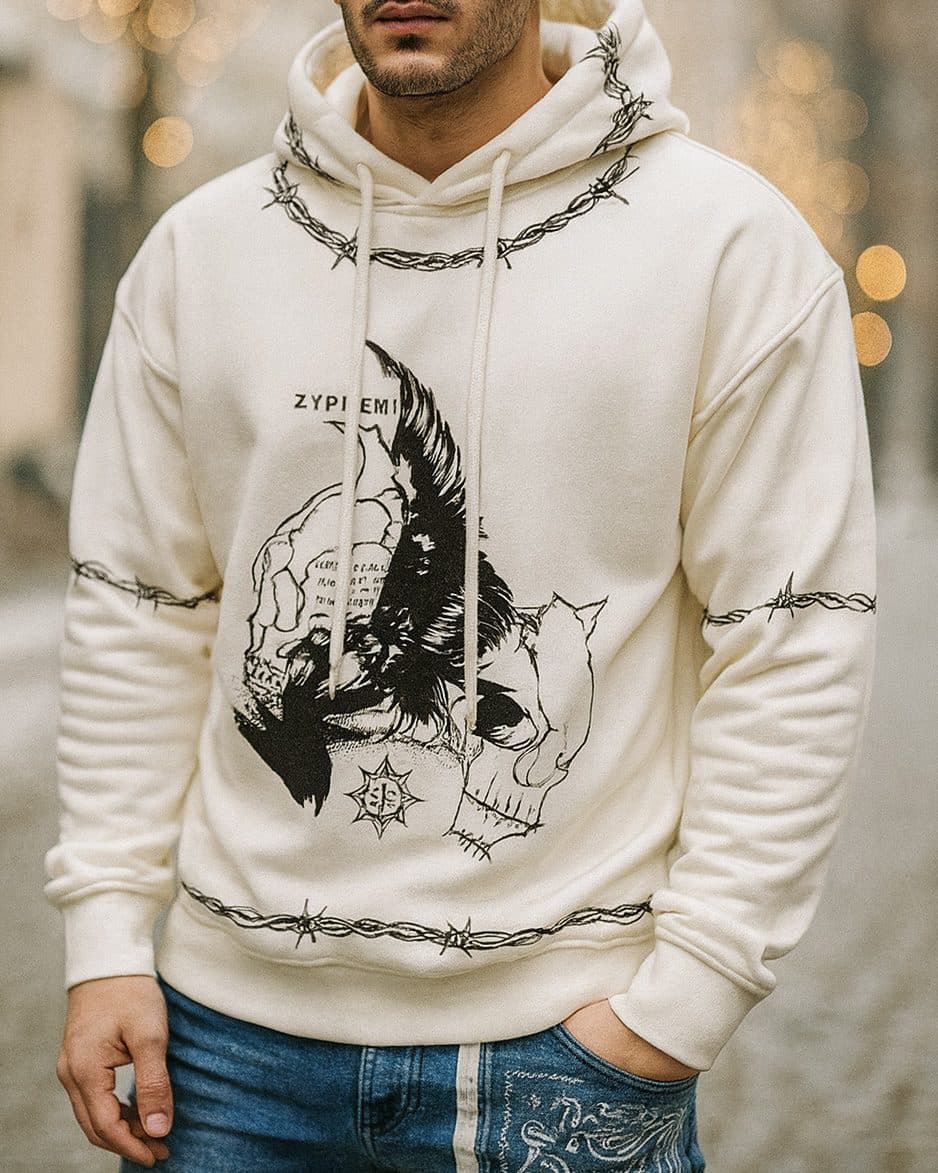 GRAPHIC BARBED HOODIE – WHITE